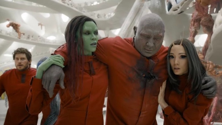 Chris Pratt, Zoe Saldana, Dave Bautista, and Pom Klementieff in Guardians of the Galaxy Vol. 3