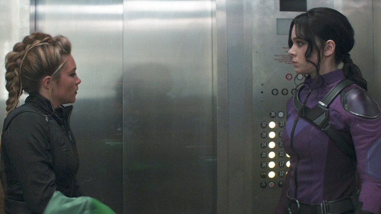 Yelena Belova and Kate Bishop fighting in an elevator