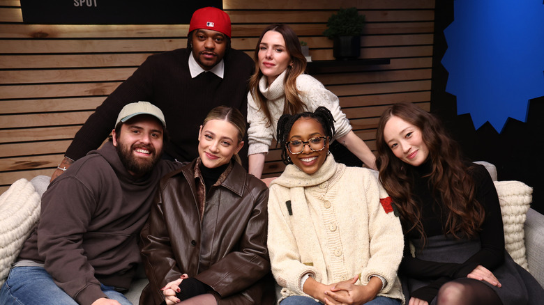 Christopher Meyer, Addison Timlin, Cooper Raiff, Lili Reinhart, Alyah Chanelle Scott, and Havana Rose Liu in a studio at the 2025 Sundance Film Festival