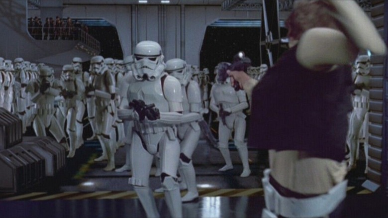 Harrison Ford running Stormtroopers