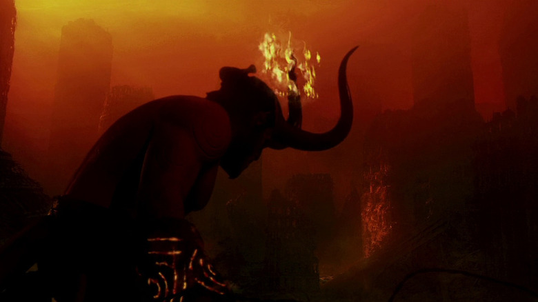 Hellboy in the apocalypse with his horns and crown of flames