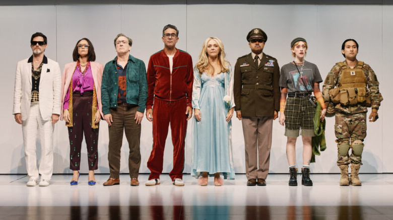 The company of Here We Are from left to right: Steven Pasquale, Amber Gray, Jeremy Shamos, Bobby Cannavale, Rachel Bay Jones, Francois Battiste, Micaela Diamond, Jin Ha