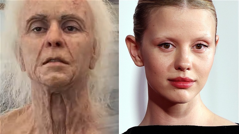 Split image of Mia Goth as Pearl and without makeup