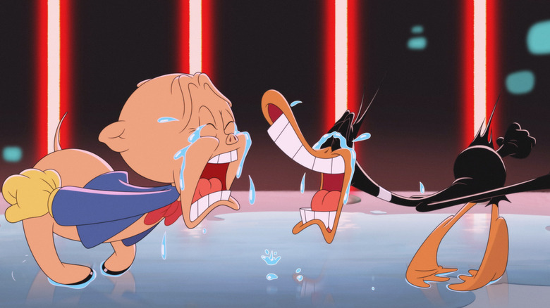 Daffy and Porky crying in each other's faces while they're trapped in a prison that has laser beams for bars