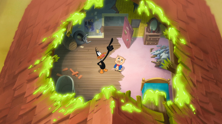 Daffy and Porky looking skyward at a giant hole in the roof of their home, with green goo around the edges of the hole