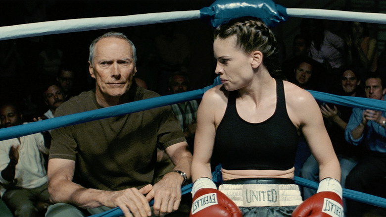 Hilary Swank in ring corner with Clint Eastwood in Million Dollar Baby