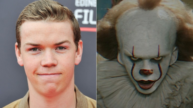 A split image of Will Poulter and Pennywise as Leatherface