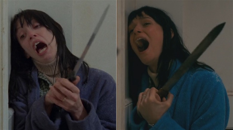 A split image of Shelley Duvall and Alex Essoe as Wendy, wielding knives