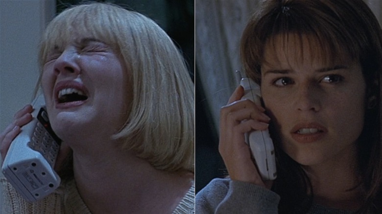 A split image of Drew Barrymore and Neve Campbell in Scream, both on the phone