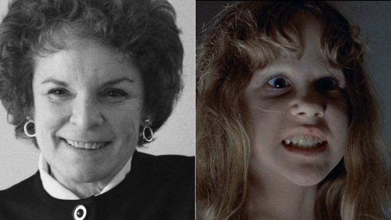 Split image of Mercedes McCambridge and Linda Blair in The Exorcist