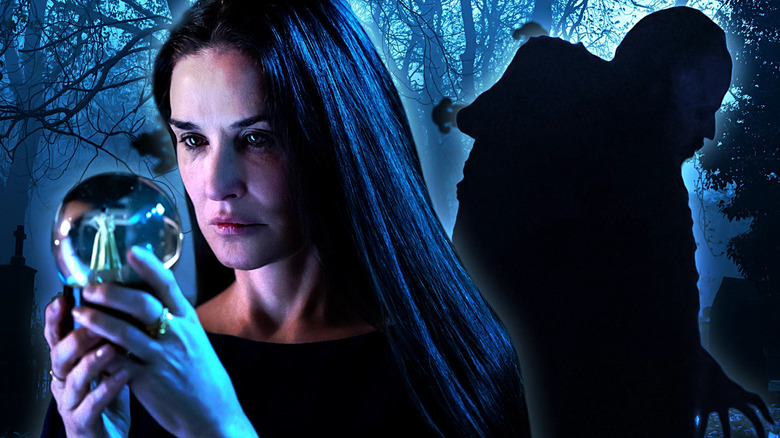 Demi Moore as Elizabeth Sparkle holds a globe in The Substance next to the shadowy outline of Count Orlock in Nosferatu