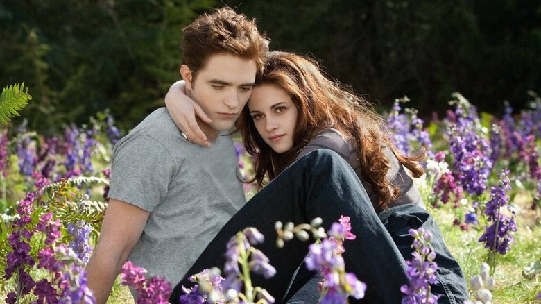 Twilight Robert Pattinson and Kristen Stewart sitting in field