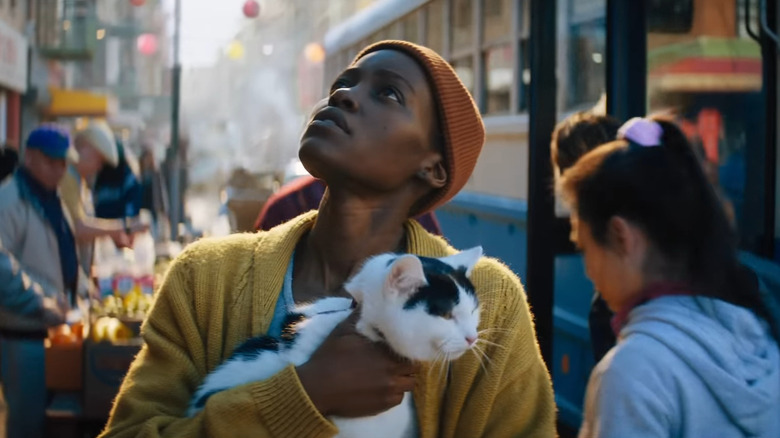 Lupita Nyong'o holding cat and looking up at the sky in A Quiet Place: Day One