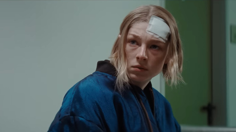 Hunter Schafer with bandage on head in Cuckoo