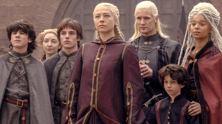 Elliot Grihault as Lucerys Velaryon, Harry Collett as Jacaerys Velaryon, Emma D'Arcy as Rhaenyra Targaryen, Matt Smith as Daemon Targaryen, Oscar Eskinazi as Joffrey Velaryon, and Phoebe Campbell as Rhaena Targaryen on House of the Dragon