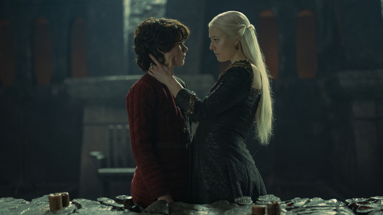 Elliot Grihault as Lucerys Velaryon and Emma D'Arcy as Rhaenyra Targaryen on House of the Dragon