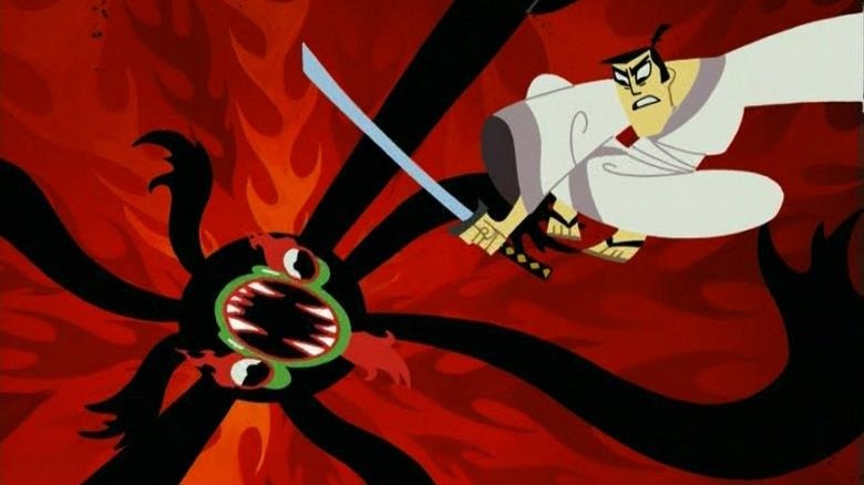 Samurai Jack jack fights octopus aku with sword