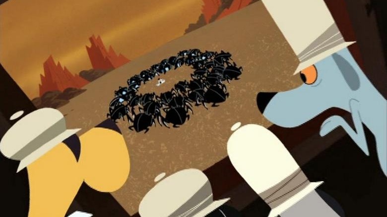 Samurai Jack dogs wearing hats worriedly observe jack surrounded by beetles