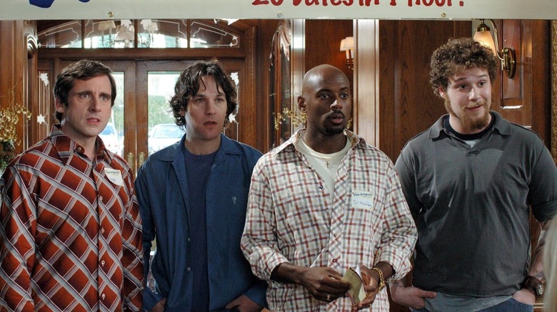 Steve Carell, Paul Rudd, Romany Malco, and Seth Rogan in The 40-Year-Old Virgin