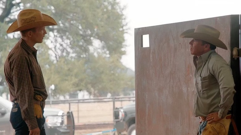 Jimmy standing across from Travis on Yellowstone