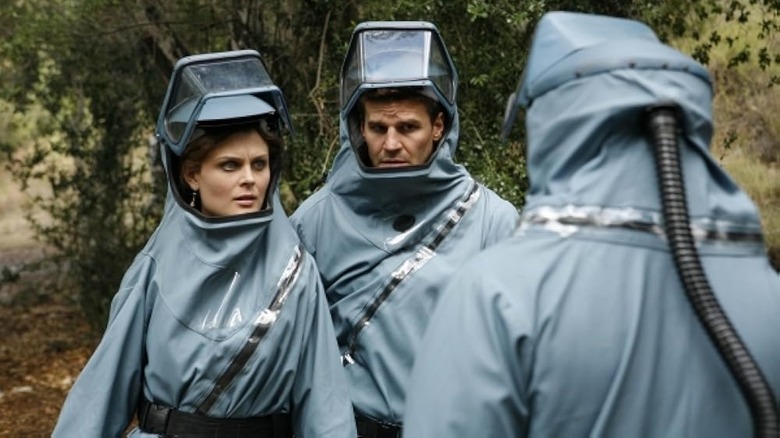 Bones Booth and Brennan hazmat suits