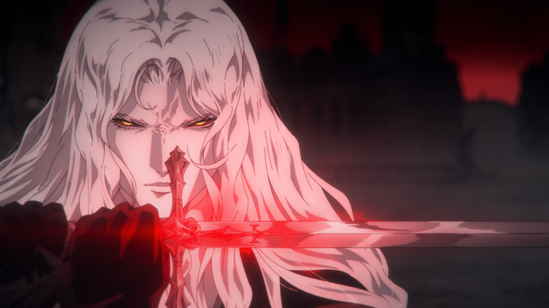 Alucard sostiene su espada frente a su cara y se ilumina en rojo debido a la magia en Castlevania.