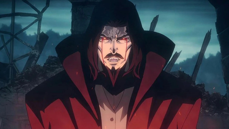 Dracula crying tears of blood while standing amidst the ruins of his wife's house in Castlevania