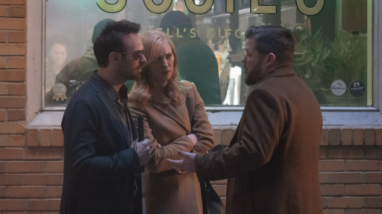 Charlie Cox's Matt Murdock, Deborah Ann Woll's Karen Page, and Elden Henson's Foggy Nelson talking on Daredevil: Born Again