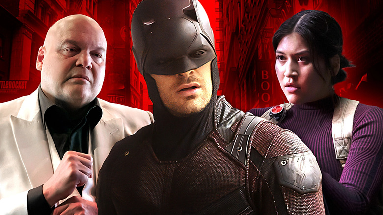 Vincent D'Onofrio's Kingpin, Charlie Cox's Daredevil, and Alaqua Cox's Echo looking serious