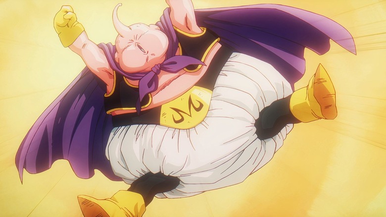 Majin Buu jumping in glee in Dragon Ball Z