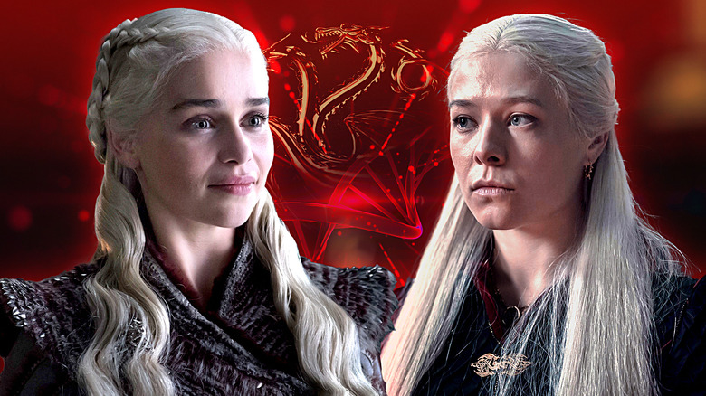 Daenerys and Rhaenyra with a red Targaryen background on Game of Thrones and House of the Dragon