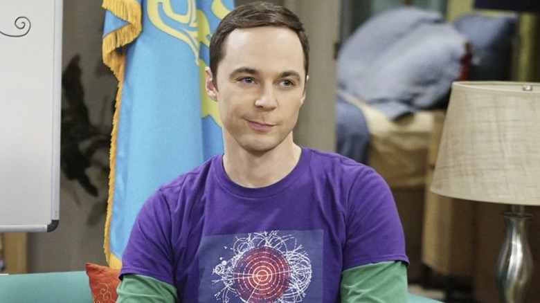 Sheldon parece presunçoso na frente das bandeiras Teoria do Big Bang