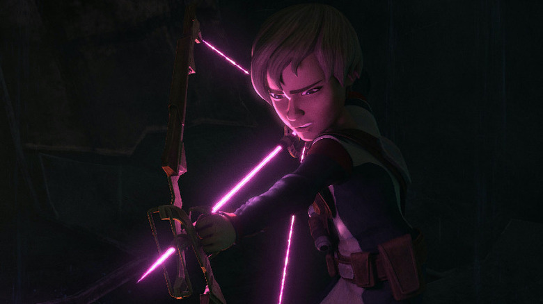 Omega with her crossbow in Star Wars: The Bad Batch