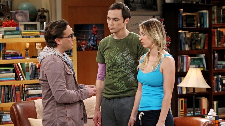 Leonard, Sheldon, and Penny in the living room on The Big Bang Theory