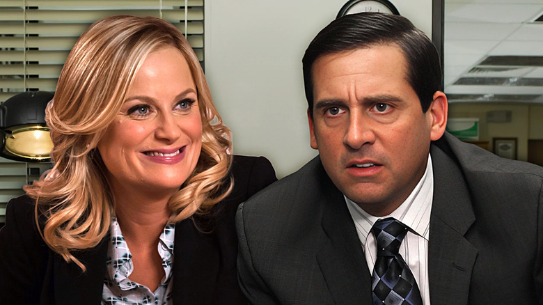 Leslie Knope smiling and Michael Scott frowning with an office in the background