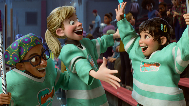 Riley e seus amigos após uma vitória no hóquei em Inside Out 2