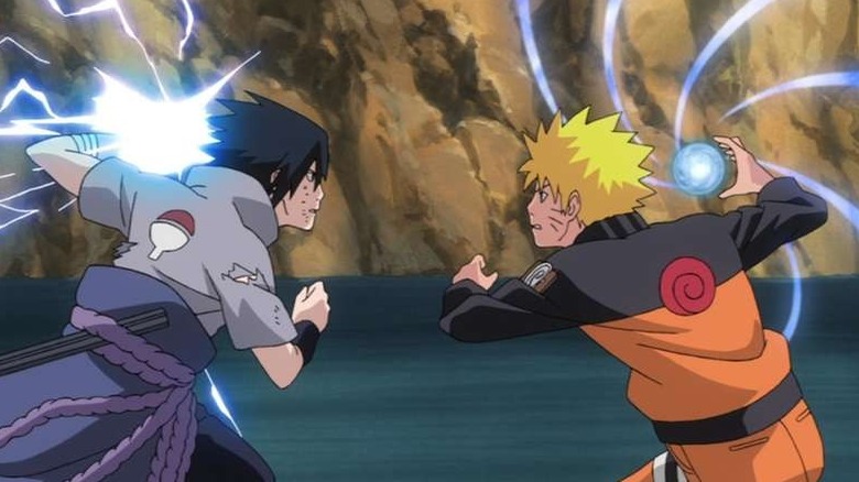 Naruto and Sasuke ready to do battle.