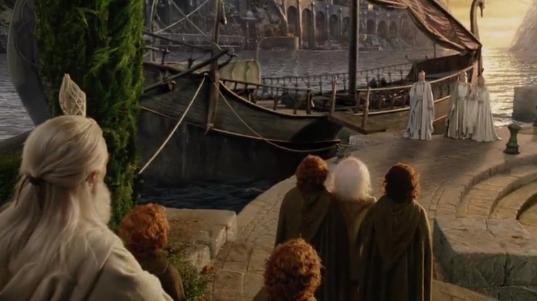 Hobbits y Gandalf en Puertos Grises