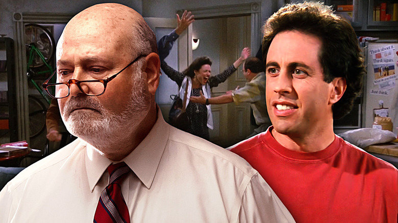 A bespectacled Rob Reiner saves Jerry Seinfeld's sitcom Seinfeld as Julia Louis-Dreyfus and Jason Alexander dance in the background as Elaine and George