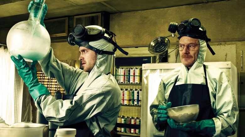 Aaron Paul as Jesse Pinkman and Bryan Cranston as Walter White making meth on Breaking Bad