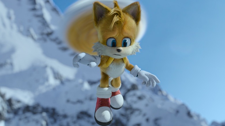 Tails flying in the snow covered mountains in Sonic the Hedgehog 2