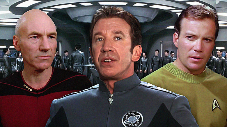 Jason Nesmith do Galaxy Quest entre o Capitão Picard e o Capitão Kirk de Star Trek