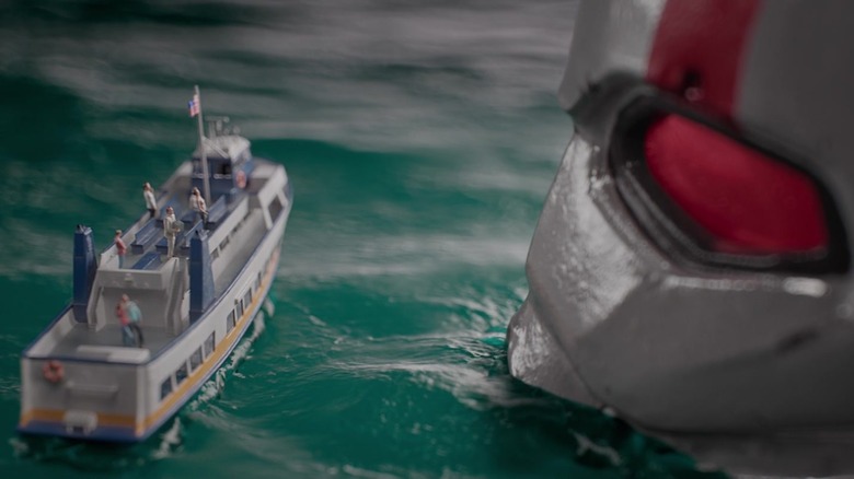 Ant-Man and the Wasp miniature boat sails past giant ant-man head