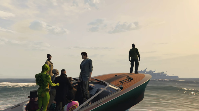 The cast riding on a boat out in the ocean in Grand Theft Hamlet