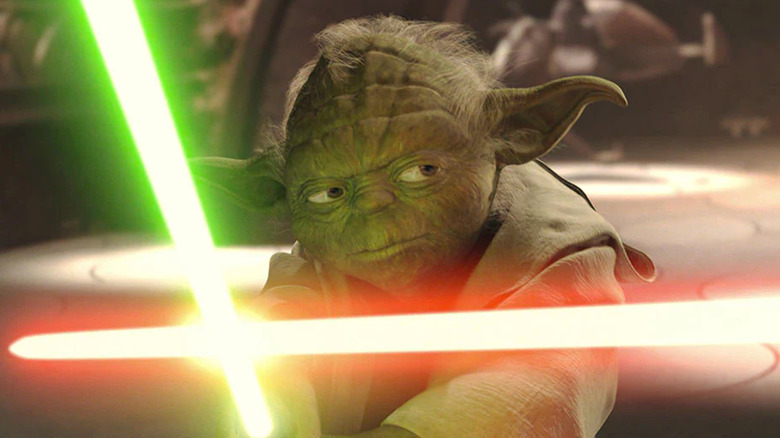 Yoda duels with Count Dooku (Christopher Lee) in Star Wars: Episode II — Attack of the Clones