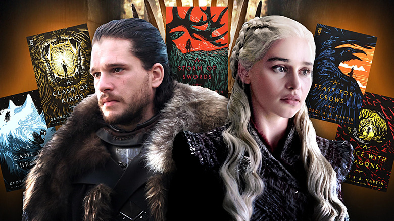 Jon Snow (Kit Harington) and Daenerys Targaryen (Emilia Clarke) stand in front of a collage of Game of Thrones novels