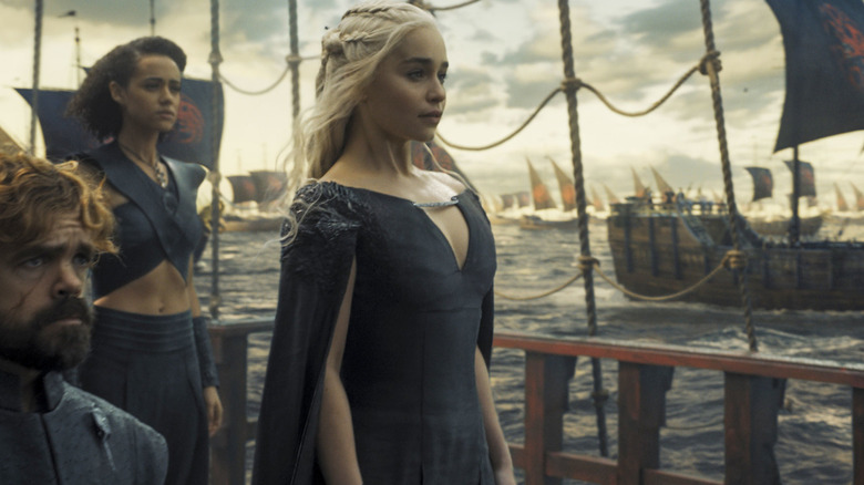 Daenerys Targaryen (Emilia Clarke) sets sail with her fleet on Game of Thrones