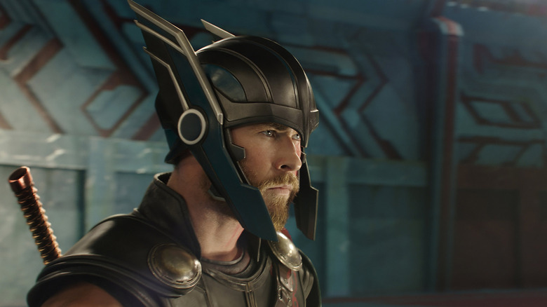 Thor with his helmet on in the arena in Thor: Ragnarok