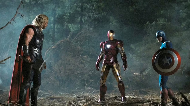 Thor meets Iron Man and Captain America in the woods in The Avengers