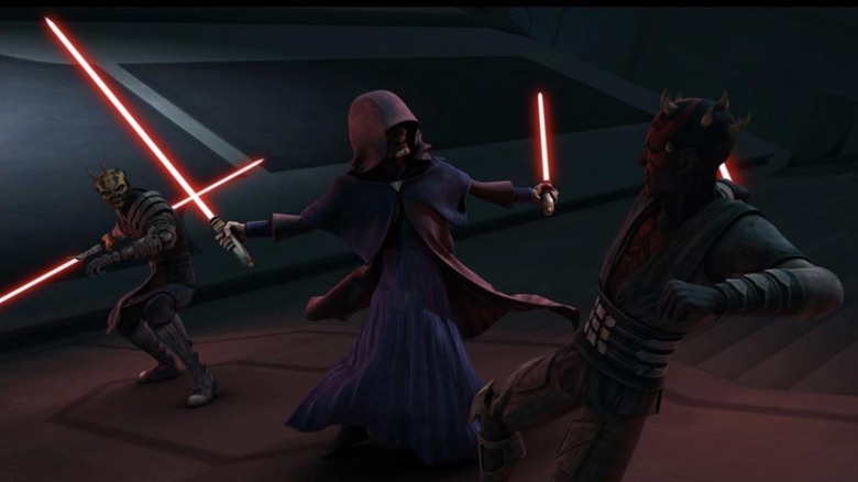 Palpatine fights off Savage and Maul in The Clone Wars